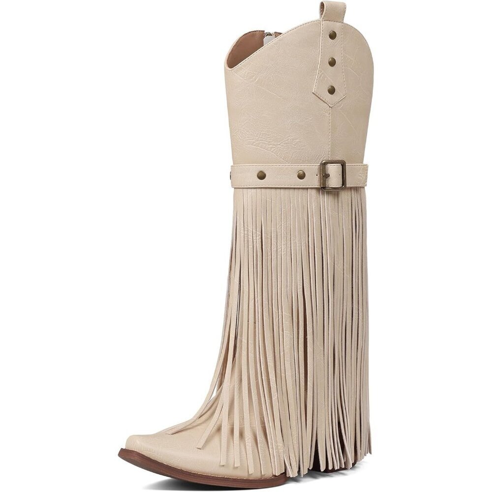 Women's Beige Retro Square Toe Cowgirl Side Zipper Blocked Chunky Heel Boots - Picture 1 of 7